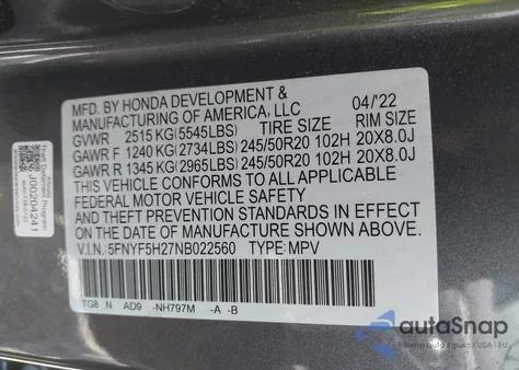 2022 Honda Pilot 2Wd Special Edition z USA, uszkodzony, nr VIN 5FNYF5H27NB022560